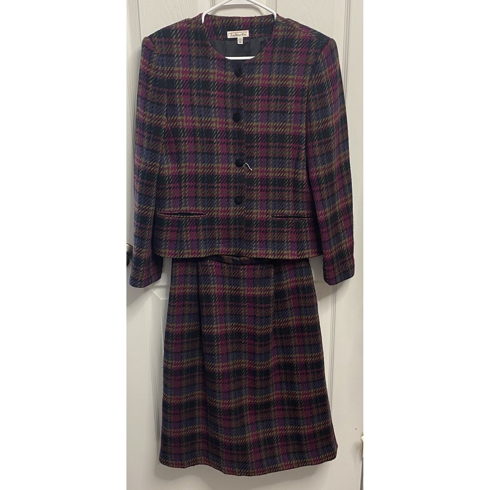Talbots Vintage 50% Wool Women's Professional Purple Plaid Skirt&Blazer Suit 10